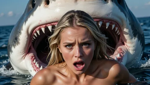 An extremely beautiful, naked blonde woman fleeing in the sea from a massive, man-eating great white shark. She is terrified, with sheer dread and fear visible in her eyes. The frame captures her face in striking, razor-sharp detail—her features are perfect, with large, wide-open eyes reflecting a desperate struggle for survival. Behind her, a colossal shark looms with its jaws agape, revealing its teeth and large, dark, sinister eyes.