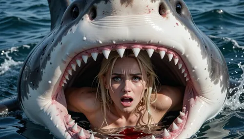 An extremely beautiful, naked blonde woman, her face and outstretched arms are visible inside the open jaws of a shark—she is pleading for help. The scene takes place at sea, featuring a massive, man-eating great white shark. The woman is terrified, with sheer horror and fear in her eyes. The frame captures her face in striking, vivid detail, alongside the enormous, open-jawed shark. There is blood inside the shark's maw and in the surrounding water, the shark’s teeth are visible, as are its large, dark, sinister eyes. The woman’s face is rendered with perfect, intricate detail—her eyes are wide open, reflecting a desperate struggle for survival.
