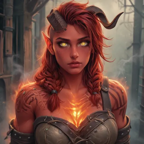 Illyasviel from fate dross style reiq, (Masterpice), (HD4K visual), (detailed background), 4K ultra-detailed image, HDR, enhancement, professional photography, detailed face, precise anatomy, (perfect body symmetry), (5 fingers per hand), maximum resolution, NSFW, (("portrait of Karlach from Baldur's Gate 3, a tall muscular female Zariel Tiefling with bright vermilion skin and glowing embers in her chest, She has one long curved black horn on her left and a broken jagged horn on her right of her head, Her hair is dark with red highlights, undercut style with braids and metal discs. Her chest is glowing with infernal light from an engine within, steam venting from her shoulders. She is wearing weathered leather barbarian armor, scarred red skin, yellow slit-pupil eyes, kind but fierce expression)), <lora:karlach_xl_rev2_1-000072:2>
