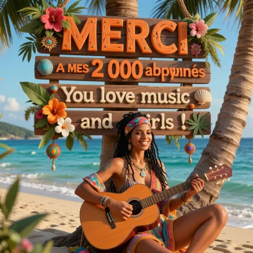 Fantasy setting, CGI render with imperfections, saturated orange and bronze colors style, ultra-photorealistic expedition photograph look, High color saturation, Ultra realistic cinematic editorial beach photography, golden hour on a breathtaking Caribbean beach, a massive handcrafted wooden sign occupies more than half of the entire image, hanging securely from a tall palm tree, richly decorated with tropical flowers, lush green plants, palm leaves, colorful Caribbean ornaments, subtle cannabis leaves, seashells, and natural island decorations, the first line reads **MERCI** in large raised orange wooden letters individually nailed onto the sign, creating realistic depth and exquisite wood texture, the second line reads **A MES 2 000 abonnés** in large painted orange lettering, the third line reads **You love music** in elegant warm white or soft beige lettering, the fourth and fifth lines read **and girls !** in large beautifully painted lettering, beneath the sign a beautiful 25 years old Caribbean woman with a very slim athletic figure sits cross legged against the palm tree while playing an acoustic guitar, long black dreadlocks gently flowing in the warm ocean breeze, bronzed dark glowing skin with extraordinary pore level detail, oiled skin, expressive dark seductive eyes, a radiant welcoming smile with perfectly white teeth, colorful bohemian hippie clothing with artistic island style, lightweight revealing summer fashion, a patterned headband, handcrafted jewelry, relaxed joyful expression, late afternoon sunlight casting warm golden orange highlights across her face, hair, clothing and the wooden sign, crystal clear turquoise ocean softly blurred in the background, incredibly detailed textures of skin, fabric, wood grain, carved letters, flowers and tropical foliage, ultra realistic lighting, premium composition, shallow depth of field, 8K photorealism, masterpiece quality, razor sharp focus, rich natural colors, authentic Caribbean atmosphere