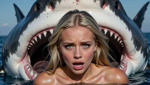 An extremely beautiful, naked blonde woman fleeing in the sea from a massive, man-eating great white shark. She is terrified, with sheer dread and fear visible in her eyes. The frame captures her face in striking, razor-sharp detail—her features are perfect, with large, wide-open eyes reflecting a desperate struggle for survival. Behind her, a colossal shark looms with its jaws agape, revealing its teeth and large, dark, sinister eyes.