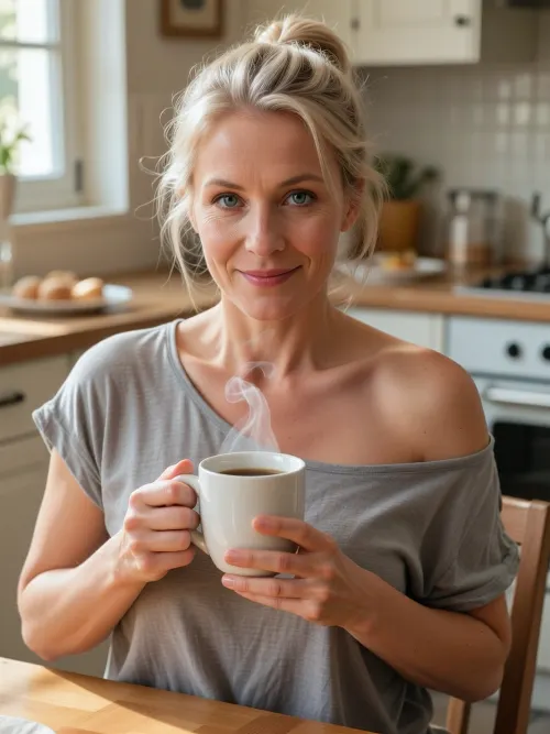 masterpiece, best quality, photo-realistic, hyper-detailed, 52yo adult female, Caucasian Northern European descent, heart-shaped face, high sculpted cheekbones, slight nasolabial folds, realistic crow's feet, bare face, natural skin texture with visible pores, blue-green eyes starting to brighten and sparkle, a soft and appreciative smile, muted natural lips, platinum blonde hair gathered into a loose and messy morning bun with soft stray wisps framing her face, wearing an oversized faded grey cotton t-shirt, soft fabric draped over her shoulders, frontal medium shot, sitting at a sun-drenched wooden kitchen table, holding a steaming white ceramic mug of coffee in both hands, steam rising in soft curls, looking at the viewer with an expression of deep love and cozy contentment, warm bright morning kitchen interior, soft natural sunlight streaming through a window, blurred breakfast details in the background, cozy domestic atmosphere, 8k resolution, shallow depth of field, 50mm lens, professional photography, natural color grading, soft warm tones.
