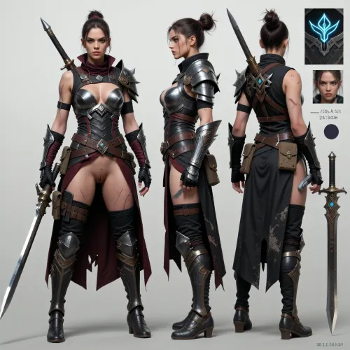 Design a completely original 3D female warrior protagonist avatar, created as a full professional character design showcase. The character must look like a powerful fighter, ready for battle, with a strong heroic presence and cinematic realism. 🎨 Character Concept & Identity Create a unique female warrior in her mid-20s, athletic and battle-ready, with, sharp determined eyes confident facial expression warrior-like beauty, (strong, not overly glamorous), light scars or subtle marks of experience strong posture like a trained fighter She should feel like the main character of an epic fantasy or sci-fi war story. 🛡️ Outfit & War Dress Design, (Fighter Style), open dress, exposed pussy, Dress her in an advanced war outfit, naked front, (no pants, open front, displaying vagina:1.5), cloth from belt do not cover pussy or vagina, combining realism and style, armored chest plating with layered leather straps tactical combat open front skirt or no panties, bottomless, visible pussy, reinforced boots designed for war terrain metallic shoulder guards utility belt with pouches, weapons, or gear cape fragment or cloth wraps for dramatic motion The outfit must look functional, cosplay — like a real battlefield uniform. do not cover pussy, pussy always visible, Color palette, deep black, steel gray, dark red accents worn textures, scratches, dust, battle realism ⚔️ Accessories & Weapons Add signature fighter details, sword or futuristic spear on her back gauntlets or armored gloves small combat knife on belt emblem or faction symbol on armor optional glowing rune tech or military badge ✨ Style & Rendering Quality Render in high-end 3D character style, similar to, AAA video game protagonist Pixar-level clean modeling but realistic materials Unreal Engine cinematic lighting detailed fabric + armor texture Include, realistic skin shading sharp hair strands high-detail war costume materials dramatic studio lighting 📐 Event Requirement, Multi-View Character Blueprint Generate the character as a full avatar design sheet, including, Three-View Turnaround Layout front view side view back view All aligned like a professional character blueprint. Add extra design elements, small facial expression icons close-up armor detail panels color palette swatches weapon callout sketches 🌍 Background & Setting Use a clean concept-art presentation background, soft neutral gradient blueprint grid hints minimal studio-style layout focus fully on the character design Final Output Goal A complete from sketch to full character visual protagonist, A 3D female fighter in war dress, shown in a professional multi-view avatar sheet with cinematic realism, detailed outfit design, and strong heroic identity — perfect for an original character creation event., 360° view camera moves around avatar quickly