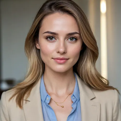European woman, 35–40 years old, slim figure, narrow shoulders, long neck, long narrow oval face, high forehead, soft cheekbones, slim jawline, narrow rounded chin, medium almond-shaped hazel-brown eyes, slightly deep-set eyes, thin naturally arched eyebrows, long narrow straight nose, small rounded nose tip, narrow mouth, thin upper lip, slightly fuller lower lip, subtle asymmetrical smile, light warm beige skin, natural skin texture, minimal makeup, very long straight dark blonde hair, light brown roots, ash blonde and golden blonde highlights, center part, thin hair ends, white fitted shirt, cream blazer, light blue high-waisted jeans, delicate gold necklace, ultra photorealistic, natural daylight, realistic facial details, no filters