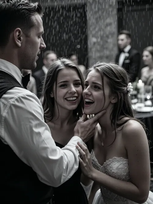 Two very drunk 22 years old women giggle and nervously flirts shyly to the handsome waiter away from the wedding reception, perfect teeth, wedding party in the blurred background. various perspectives, FRESHIDEAS, Real, Photography, 2#, Black, and, white, art, black, shading, charcoal, toned, brutal, dark, b/w, color, scheme, texture, photorealistic, hvrn, heavy, rain