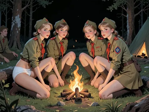 This is a detailed a classical illustrative style depicts a scene set in USSR in 1950s, It's night, a clearing in the forest, several beautiful, sweet, slender girls in scout uniforms are squatting down on the grass near the campfire, facing the camera, their legs are slightly apart, ((their white panties visible)), so that panties are visible under their skirts, ((panties are visible under skirts:1.3)), a dark background, the figures of the girls are illuminated by the campfire, The overall mood is intense, rendered in fine, expressive line work and subtle shading, evoking the style of 1950s satirical or moralistic illustrations.