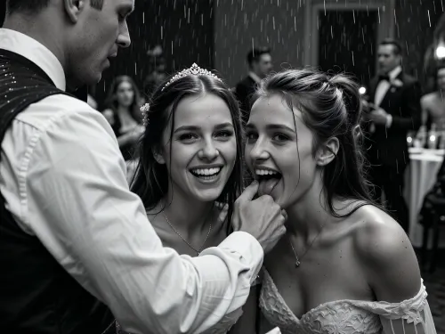 Two very drunk 22 years old women giggle and nervously fucking shyly to the handsome waiter away from the wedding reception, perfect teeth, wedding party in the blurred background. various perspectives, FRESHIDEAS, Real, Photography, 2#, Black, and, white, art, black, shading, charcoal, toned, brutal, dark, b/w, color, scheme, texture, photorealistic, hvrn, heavy, rain