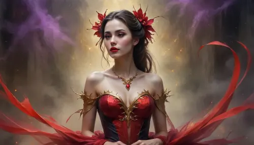 (Dark Fantasy Artwork), artistic, low angle, artistic painting in a watercolor and oil on parchment, the background features a large abstract red heart shape, 40 yo, ethereal belle female orchid predator made of thorns, dress of thorns, thorns emerge from her skin, thorn-like gold jewelry, playful pout, dark misty void with violet and emerald shimmering surfaces, harsh direct lighting, sweetness, soft focus, seductive gaze, red lips, dynamic effect through paint splashes and streaks, warm colors, painterly texture, fantasy, natural beauty, gleaming ghostly gold, epically atmospheric fog, red ribbons, the background is a neutral black color, /KlTTY-ART/