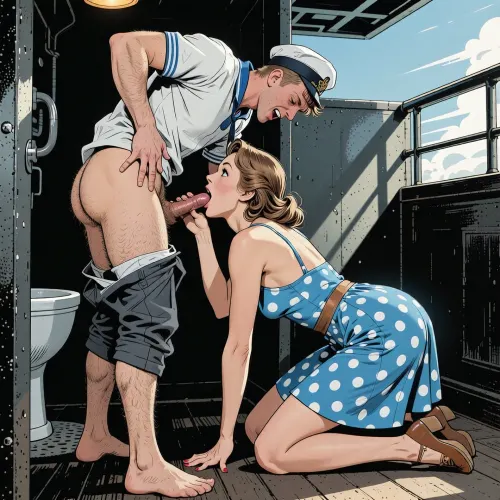 This is a detailed a classical illustrative style depicts a scene set in USSR in 1950s, younger cabin boy is stands bent over in the dark ship's toilet, he is dressed as cabin boy, his pants pulled down to his knees, he is laughing, His very hairy butt visible, Anna- very beautiful Russian married woman 40 years old noble light-brown elegant hairstyle, slender, wide hips, elicate noble facial features, Anna is dressed in blue polka dot summer sundress And brown shoes, expressive eyes, Anna is on all fours in front of the cabin boy's hips and sucking his penis.deep throat blowjob, younger The cabin boy is holding the woman by the head with both hands., side view, retro, full body view. Stylized manga-style illustration, elongated proportions, graceful movements, dramatic but stylized lighting, gloomy elegance, emotional atmosphere, clear, precise lines, soft shading with subtle gradients, dot drawings, grayscale print texture, flat color fields, limited CMYK palette, contours in thick ink, retro offset printing, slight color shift, dynamic low-angle composition, bright midday sunlight, diagonal lines of movement, cinematic framing, retro energy of the comic panel