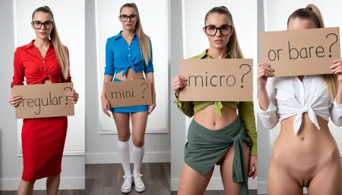 side-by-side four pictures of a slim 29 years old slender woman, rounded hips, medium breasts, round hips, full body, wears sneakers with knee high socks, long blonde sleek hair in ponytail, black glasses. On the first picture on the left she wears a tied red shirt and red skirt knee level, and holds a handmade sign with text "regular?". On the second picture on the right she wears a tied blue shirt and mini skirt, and holds a handmade sign with text "mini?" On the second picture on the right she wears a tied green shirt and green low waist very wide belt with 2 inches long frills presenting visible smooth pussy, and holds a handmade sign with text "micro?" On the second picture on the right she wears a tied white shirt and no pants, bottomless, smooth pussy, and hides her head behind a handmade sign with text "or bare?" same girl on every picture, same pose.