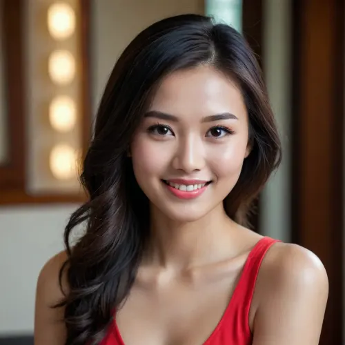 Young Malaysian Chinese woman, age 33, petite build at 5'2" height, slim figure, fair complexion, long straight black hair often styled sleek or with subtle waves, side-swept bangs, delicate Asian facial features, bright warm smile showing teeth, well-groomed eyebrows, expressive dark eyes, defined cheekbones, smooth clear skin, often wearing subtle natural makeup with emphasis on eyes and glossy lips, dimpled smile, confident and animated expression, elegant posture, professional headshot style