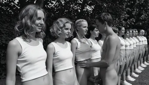 A black and white vintage photograph of a long, diagonal line of 20 year old nude women standing at attention outdoors, arranged in a receding row that stretches from the left foreground into the right background. The closest woman on the far left has wavy, shoulder-length light hair and wears only a white sleeveless tank top, her vagina is visible, reservedly smile and her gaze is directed slightly to her left, away from the camera. Beside her, the second woman has short, curly blonde hair framing her face, her gaze is directed slightly to her left, away from the camera, reservedly smile, only the same white tank top, her vagina is visible. The third woman, positioned near the center of the frame, has braided blonde twintails and her gaze is directed slightly to her left, wearing only the identical white top, her vagina is visible. To her right, the fourth woman her gaze is directed slightly to her left, and dark hair pulled back. The remaining women in the line recede into the distance to the right, each wearing only matching white tank tops, with their faces becoming progressively smaller and softer in focus, creating a strong sense of receding perspective. The women are standing close together, shoulder to shoulder, with their arms at their sides, forming a rigid, disciplined formation. Behind them, a dense wall of dark, leafy trees fills the background, rendered as a textured, out-of-focus mass of foliage. The lighting is bright, direct sunlight coming from the upper left, casting sharp, distinct shadows on the women' faces and clothing, with the first three women receiving the strongest, most sculpted illumination. The photograph has a grainy, high-contrast, black and white film aesthetic typical of mid-20th-century documentary or propaganda photography, with deep blacks in the shorts and background foliage and bright whites in the tank tops. The composition is a dynamic diagonal line that leads the eye from the bottom left to the upper right, emphasizing uniformity, youth, and disciplined group identity. The atmosphere is serious and formal, yet also marked by a certain cheerful lightness, it captures a moment of collective stillness and disciplined order in a sun-drenched, open-air setting., (A naked man stands in front of the women and touching his erect penis, while looking at the women with interest, he is touching the third woman in the row)