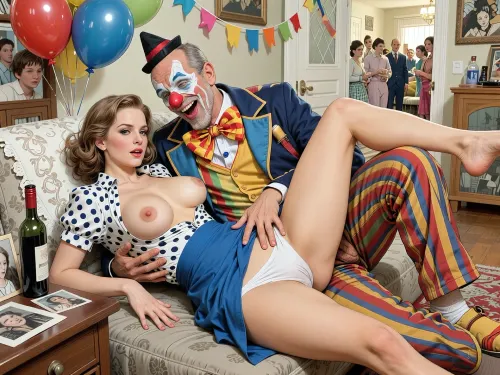 This is a detailed a classical illustrative style depicts a scene set in USSR in 1950s, Anna- very beautiful Russian drunk married woman 40 years old noble light-brown elegant hairstyle, slender, wide hips, her the legs are slightly spread apart, her her white panties are visible, elicate noble facial features, expressive eyes, Anna is dressed in blue skirt a skirt with a raised hem revealing her white panties, and a open polka dot blouse showing her large saggy tits with large tight nipples, She's lying on her back on an ordinary sofa in the living room of a Soviet apartment and hugs of a detailed male clown—40 years old With a mocking laugh —wearing a full clown costume, complete with clown's trousers, a jacket, suspenders, a colorful shirt, an exaggeratedly large bow tie, a red nose, and a tiny hat, who paws her hard, squeezing round butt in white panties with his fingers with a mocking laugh, a bottle of wine and her family photos are on the bedside table next to her.A private party decorated with balloons, streamers, with many neighbors can be seen in the background through the open door.retro, full body view. The overall mood is intense, rendered in fine, expressive line work and subtle shading, evoking the style of 1950s satirical or moralistic illustrations.