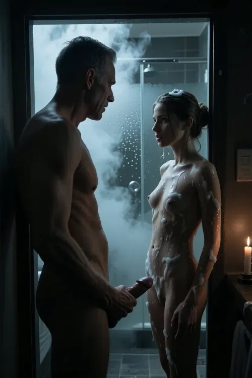Photorealistic cinematic Film Noir scene, 49 years old man standing in absolute darkness in a hallway, he gazes through a door crack into a bathroom filled with thick steam, the air dense and hazy, in the distance a 30 years old tiny brunette woman behind a fogged glass shower door, every surface damp and shadowy, the man distant, distance, steam, and subtle intimacy, she looks at the man seductively.