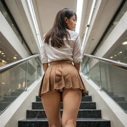 (RAW photo, ultra-detailed:1.04), a candid voyeuristic upskirt photography on going up escalator, on escalator in stylish building, from between slim legs, from direct below at her crotch, from back view, a cute asian girl of 23 years old, (zoomed in her white sexy panty, detailed, closed-up her hips, only under body:1.16), brown skirt, heavyweight skirt, (skinny, slim thighs:1.08)
