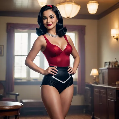 A stylized full body image of Veronica Lodge, from The Archie Comics, smiling at the camera, hands on her hips and with a pinup style pose, back turned to the camera