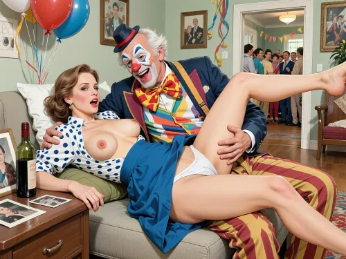 This is a detailed a classical illustrative style depicts a scene set in USSR in 1950s, Anna- very beautiful Russian drunk married woman 40 years old noble light-brown elegant hairstyle, slender, wide hips, her the legs are slightly spread apart, her her white panties are visible, elicate noble facial features, expressive eyes, Anna is dressed in blue skirt a skirt with a raised hem revealing her white panties, and a open polka dot blouse showing her large saggy breasts with tight nipples, She's lying on her back on an ordinary sofa in the living room of a Soviet apartment and hugs of a detailed male clown—50 years old With a mocking laugh —wearing a full clown costume, complete with clown's trousers, a jacket, suspenders, a colorful shirt, an exaggeratedly large bow tie, a red nose, and a tiny hat, who paws her hard, squeezing round butt in white panties with his fingers with a mocking laugh, a bottle of wine and her family photos are on the bedside table next to her.A private party decorated with balloons, streamers, with many neighbors can be seen in the background through the open door.retro, full body view. The overall mood is intense, rendered in fine, expressive line work and subtle shading, evoking the style of 1950s satirical or moralistic illustrations.
