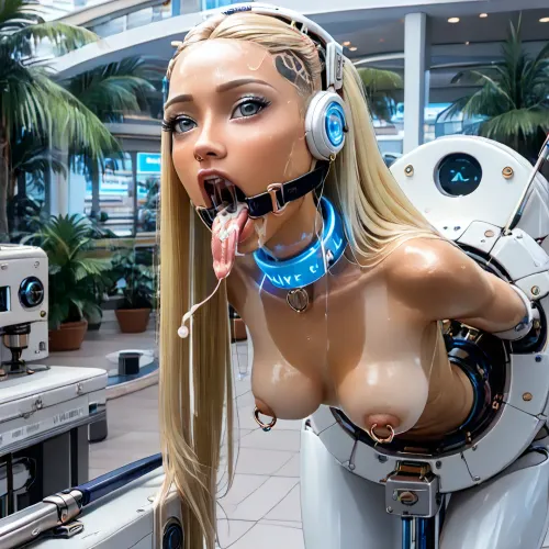 indoors, (paradise island mall:1.3), (POV slightly side view:1.3), ((narrow innocent looking face:1.6)), (light very white high-tech sci-fi bdsm machine behind:1.7), ((white machine up to height of breast:1.8)), (young beautiful petite woman:1.7), (((girl is stuck leaning forward up in a small horizontal hole with bdsm light machine behind:1.6))), ((lower body hidden to breasts into horizontal big machine behind:1.9)), ((lever rod fixed to back of head from behind:1.8)), (arms behind in machine:1.7), (((stuck from small horizontal rim machine behind:1.6))), ((electronic mouth spreader ring gag:1.7)), (very wide open mouth:1.6), ((model cutie:1.8)), (perfect:1.5), (slender fit skinny:1.6), (small thin waist:1.3), (tattooed wide shoulders:1.4), (clear narrow detailed perfect light blue-grey eyes:1.6), (she looking up:1.3), (perfect lips), ((very long wide smooth light white tongue out down:1.7)), ((round tongue's end:1.6)), (piercing on center of tongue:1.3), (cum flows out from mouth:1.7), (cum on face:1.3), (glowing light white massive very oversized electronic collar device around very short throat:1.6), (blonde smooth silky long hair:1.5), ((very large distance between rounded large spherical breasts:1.6)), (tan fair very oiled skin:1.6), (very beautiful perfect face:1.7), thin beautiful eyebrows, (very gorgeous:1.5), (sexy:1.4), (nipple ring piercings:1.4), (satisfied:1.6), (tattoo:1.3), (seductive sexy makeup:1.5), (long black eyelashes:1.4), lipstick, (stunning:1.3), (dimples on cheeks:1.4), (paradise island:1.3), (palm trees:1.2), (bright day:1.5), (masterpiece:1.1), <lora:skinny11:.5>, <lora:Microwaist_XL_v01:1.5>