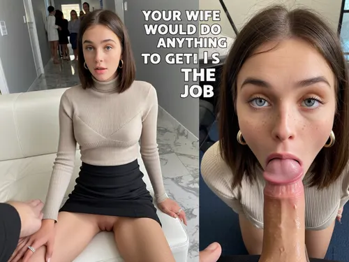 8k UHD, Picture divided in two parts.
On the left part of the picture, high angle professional photoshot. A 19 years old girlfriend is sitting holding tighten her thighs on a white leather couch. The scene takes place in an indoor corridor with marble on thé floor and empty grey walls. Clear brunette very long square haircut, very pale almost sick skin, freckles on her face, slim face, slim nose, Big clear blue eyes, slim chin, moles, large gold hoop earrings, skinny body. She's wearing a beige turtleneck pullover with a downblouse and a skinny sized black skirt. Pussy barely visible. Wedding ring with a diamond on her ring finger. The secretary and the viewer are handshaking each other. Daytime, sunlight is sparkling the scene. In background, blurred crowd of beautiful women with office clothes who are waiting in the corridor.
On the right part of the picture, POV, same girlfriend, same face, same body, same clothes. Inside an office. Nobody's around. She's on her knees, giving a Deep blowjob to the viewer. Thick 18 inches veiny penis, wet penis, massive cumshots on her face.
Big text on the center of the picture "YOUR WIFE WOULD DO ANYTHING TO GET THE JOB".