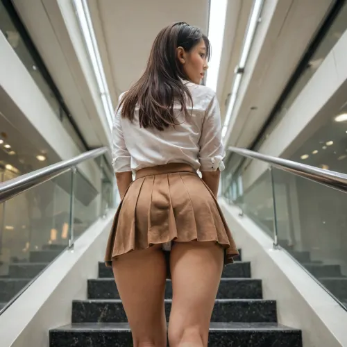 (RAW photo, ultra-detailed:1.04), a candid voyeuristic upskirt photography on going up escalator, on escalator in stylish building, from between slim legs, from direct below at her crotch, from back view, a cute asian girl of 23 years old, (zoomed in her white sexy panty, detailed, closed-up her hips, only under body:1.16), brown skirt, heavyweight skirt, (skinny, slim thighs:1.08)