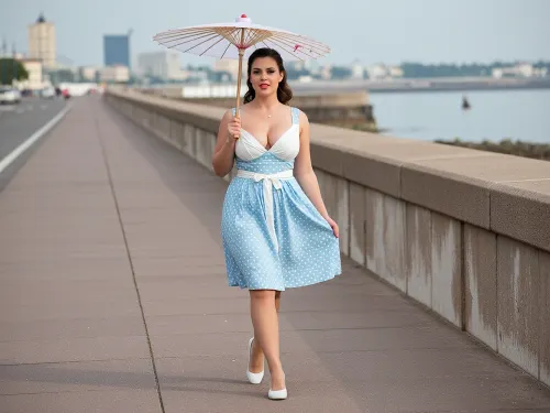24 year old woman, (very beautiful:1.4), (very busty:1.6), ((voluptuous)), 1950s summer dress, parasol, walking long an esplanade