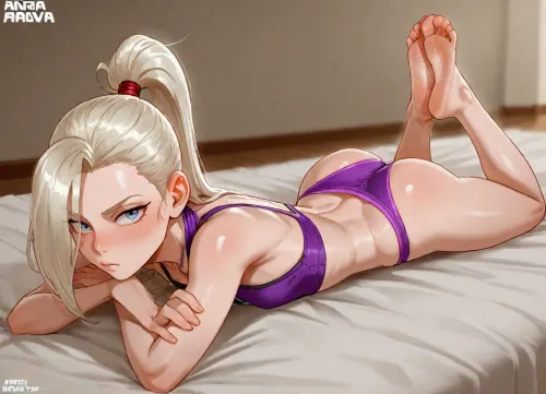 (Andava:1.5), (Yamanaka_ino, (young), (petite:1.5), underwear), solo, laying on stomach, back arched, feet crossed
