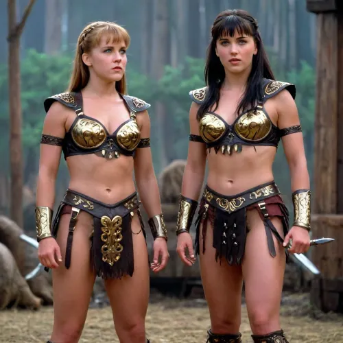 Young Xena, Warrior Princess, stands next to young Gabrielle. Both are bottomless. Their entire bodies are visible.Xena, <lora:xena_v0.0.1:.8>, reneeo'connor101, <lora:Renee_OConnor_SDXL_101:.8>