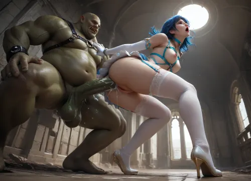 (full body, dynamic view, dynamic pose, dramatic, side angle, low angle, mature, adult face, adult body, good anatomy, good perspective, hentai style), (magical girl), blue hair, chocker, (chest harness, thigh harness, white thigh highs, garter belt, mini skirt, latex gloves:1.1), (sex slave, wrists held, domination, screaming, shocked expression:1.1), mouth open, red lipstick, (small bouncing breasts, forcibly held down:1.2), (head thrown back, forcibly fucked, worried expression:1.1), puffy nipples, (big hips, big thighs, huge ass, curvy body, bikini tan lines, perfect pussy, double penetration:1.1), fucking ass, hardcore, anal penetration, (cum dripping, shooting cum, cum in her ass:.8), (skin indents, creampie, rough sex), held in place, veiny cock, medium cocks, monster balls, sweaty skin, fucked hard, motion lines, (concept art, dramatic, movement), (an orc is fucking her ass:1.2), (the orc has a double penis:1.1), Chun, concept, art, realistic, <lora:Chun-Li-SDXL:.3>, <lora:outline_xl_kohaku_delta_spv5x:.9>, <lora:Ppolar-P3v1-NbVp10:.7>, <lora:Concept Art DarkSide Style LoRA_SeaArt Furry XL 1.0:.2>