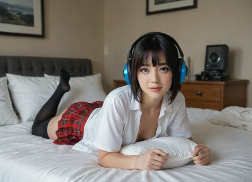 luxury bedroom, large bed, lots of pillows, computer screen in the background, masterpiece, (happy gamer girl), (Japanese:1.4), asian, emo, small nose, full lips, black hair with blue highlight, short hair, bangs, (blue eyes:1.5), very small round arse, headphones, pale, solo, lascivious smile, College uniform, ((unbuttoned white blouse, red plaid mini skirt riding up, black thigh high socks)), kooo123, kooosawaguchiaika, <lora:Sawaguchi_Aika_v1_XL:.8>