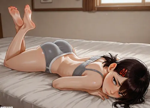 (Andava:1.5), (higashiyama_kobeni from chainsaw man, (young), (petite:1.5), underwear), solo, laying on stomach, back arched, feet crossed