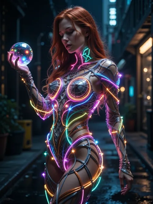 Picture a captivating, dreamlike scene, a glowing, (luminous female figure made of intricately woven multicolored wires:1.5), Long redhead hair, Holding a colorful glowing orb in her right hand, bathed in the radiant glow of neon lights, standing amidst the darkness of a city street. Describe the intricate details of this extraordinary image, including the subtle nuances of colour, texture, and atmosphere that evoke a sense of enchantment and mysticism around this striking, graceful figure, as if she were a living embodiment of electricity and wonder.
