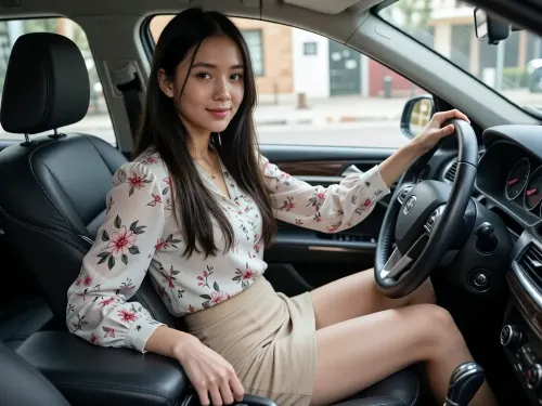A young Asian woman with long dark hair, sitting in the driver's seat of a car, looking at the camera with a gentle smile. She is wearing a light-colored floral blouse with long sleeves and a beige fitted mini skirt. Her right hand is holding the steering wheel, and her left hand rests near the center console. The interior of the car features black leather seats. Natural soft daylight illuminates the scene from the side window, showing a blurred background of a street and buildings outside. Realistic photography, high detail, 8k resolution.