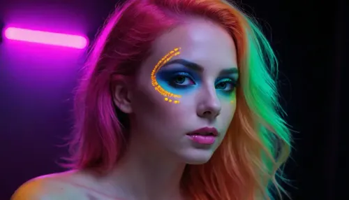 The environment is almost completely dark, illuminated by a carefully controlled combination of ultraviolet blacklight, deep violet atmospheric light, narrow laser beams, reflected light from metallic surfaces, and subtle fluorescent materials. UV-reactive makeup and body artwork should fluoresce dramatically under the blacklight. Fluorescent cyan, electric blue, violet, acid yellow-green, emerald, hot pink, magenta, orange
