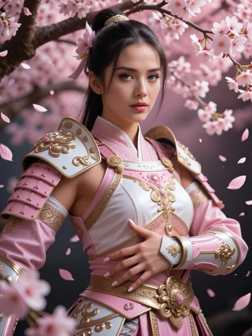 A masterpiece, a medium-shot portrait, with the highest level of detail, depicting a dazzlingly beautiful female warrior, flawless, smooth skin, expressive eyes, she wears exquisite high-fashion armor with elements of samurai armor, in pastel pink and white-and-gold tones, an elegant pose, the heroine stands beneath a blossoming pale-pink cherry blossom tree, surrounded by a whirlwind of petals swirling through the air, a soft, romantic, high-fashion atmosphere, a sublime and atmospheric setting, high resolution, photorealistic studio lighting.