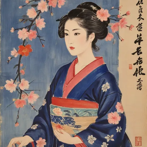 Semi-nude Japanese woman in a sensual pose depicted on a paulownia wood panel in the ukiyo-e style., (Visible texture, vibrant colors, indigo, vermilion, gold, and soft skin tones.), (Half-open kimono with intricate floral patterns and an untied obi.), (Traditional Shimada hairstyle with kanzashi hairpins, serene yet provocative facial expression.), In the background, a landscape of cherry blossoms and waves, using planes of color and sumi brushstrokes in the ukiyo-e style. Lacquer sheen, registration marks, precise details, and an intimate atmosphere. Japanese erotic tradition of ukiyo-e and shunga techniques integrated into authentic wood., Ukiyo-e, Art, style, of, Qi, Baishi, baishi, <lora:Ukiyo-e Art:2>, <lora:Ukiyo-e:.8>, <lora:tbh170-sdxl:1.4>, <lora:baishi_xl_0_-000004:1.4>