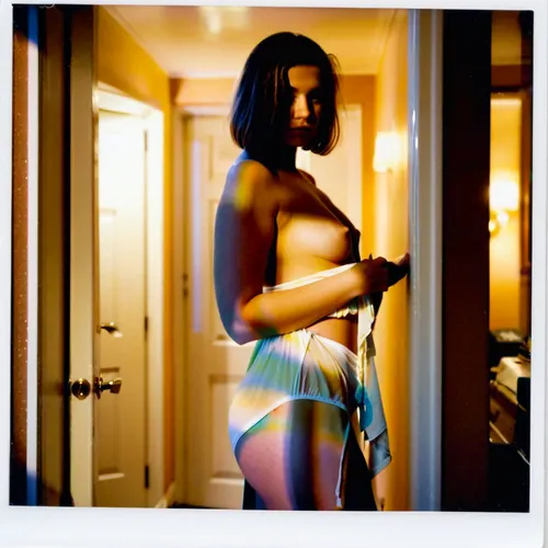 (very yyoung girl:.7), (plump:.6), (flat-chested:.6), white panties, standing, short bob-haircut, no make-up, (white dressing gown:.8), door frame, (close-up:1.2), film grain, warm tones, dim side lit, (Polaroid with thick border with white frame:1.2), rsf8mmsdxlv1