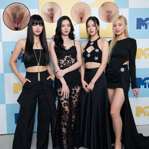 Four young Asian women, resembling Blackpink members, standing side-by-side in a line, facing the viewer with confident expressions. From left to right, 1. a woman with long straight black hair and full bangs, wearing a strapless black top with a midriff cutout, wide-leg black trousers with an overskirt panel, and a long gold chain necklace with a tassel pendant, hands on hips, left Above her head, there is a circular inset image belonging to the woman, displaying a close-up, detailed, and anatomically correct macro of her tiny vulva with a dense patch of short dark pubic hair.

2. a woman with long dark wavy hair, wearing a black spaghetti-strap dress with intricate lace and floral patterns, Arms gently crossed
Above her head, and anatomically correct macro of her shaved vulva.

3., a woman with long dark hair styled with two face-framing strands, wearing a black halter crop top with star-shaped cutouts revealing her midriff, and a flowing black pleated maxi skirt, hands clasped in front. Above her head there is an anatomically correct macro of her shaved vulva.

4., a woman with long blonde hair styled in a half-up bun, wearing a sleek black long-sleeve mini dress with ruched detailing, a prominent floral embellishment at the waist, and a dramatic flowing train. Right of her waist there is an anatomically correct macro of her tiny vulva with a dense patch of short blonde pubic hair

They are positioned against a vibrant, modern event backdrop featuring a geometric pattern of light blue and white panels, adorned with stylized yellow and light blue MTV logo elements and flag shapes, suggesting a red carpet or awards show setting.

Illuminated by bright, even, professional event lighting, creating soft, subtle shadows and highlighting the textures of their outfits and skin with a gentle sheen. The overall lighting is clean and flattering.

Captured with a medium full shot, from mid-thigh up, at an eye-level angle. The composition is a balanced group portrait, centered, with all subjects in sharp focus.

The overall style is glamorous, sophisticated, and photorealistic, evoking a high-fashion editorial or celebrity event aesthetic. High resolution, ultra-detailed, professional photography, sharp focus, vibrant colors, cinematic quality.