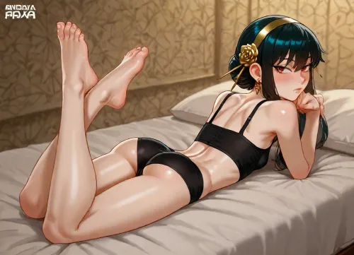 (Andava:1.5), (yor briar, (young), (petite:1.5), underwear), solo, laying on stomach, back arched, feet crossed