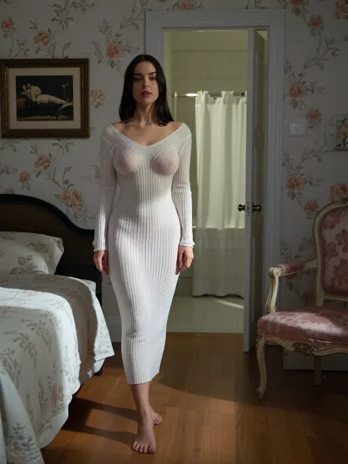 A full-length portrait of a beautiful young woman standing in a vintage-style bedroom, wearing a tight long-sleeved, sheer white knit maxi dress with a deep V-neckline. She has dark, shoulder-length hair, big firm breasts visible in subtle see-through and a calm expression, facing the camera directly. The room features floral patterned wallpaper, polished wooden floors, a classic framed picture on the wall, and a vintage armchair with a pink upholstered seat to the right. In the background, an open doorway reveals a brightly lit bathroom with a white shower curtain. Soft, natural indoor lighting casting gentle shadows, editorial photography style, vintage aesthetic, shot on 35mm film, grainy texture, muted pastel color palette