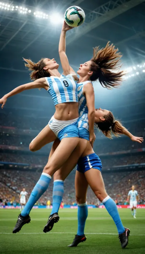World Cup match, 3 women football players contesting aerial header, one woman plays naked and the other woman is from Argentina, real photo, dynamic expressive brushwork capturing athletic movement, 8K ultra-detailed, art-level wallpaper quality, painterly texture, rich layered colors, high artistic atmosphere