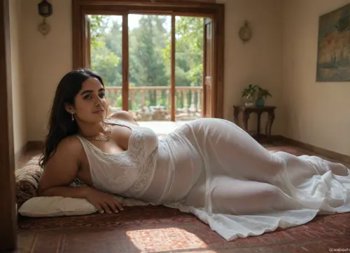 indian house.
woman, (19y, dark indian, intense feminine, chubby, voluminous brown hair, wears only transparent white indian dress), lying on veranda. innocent, side view