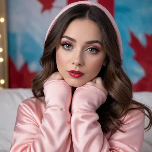 (The cutest and sweetest looking petite Canadian 20 year old:1.3), (cute satin winter outfit:1.3), (heavy makeup:1.3)