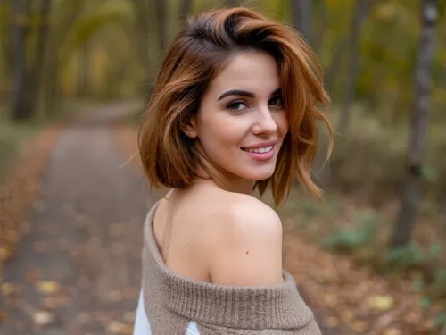 Candid snapshot of a self-conscious mid-twenties woman posing shyly as she stands along an idyllic autumn forest path.

She wears a stylish sweater in neutral earthy-tones slipping off one shoulder.

Her thick bobcut hair is styled in voluminous textured layers with a sultry copper-auburn hair color in a chic swept-back look, while dark eyebrows frame her face.

Cheeks flushed as she blushes prettily in the cool air, her luscious soft lips quirked in a sheepish lopsided grin revealing her adorable overbite, side-eye glance as she looks away bashfully. The photo is an amateur showcase of a handsome girl-next-door esthetic creating non-conventional beauty and charm. Natural skin complexion and hair texture in an unprocessed RAW photo.
