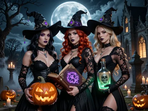 Three witches in a cemetery at night under a huge full moon. The first is a witch with long, black, wavy hair, dark makeup, and purple lips, she wears a black pointed hat with a purple gem and pendants, and a black corset dress with a plunging neckline, and is holding a large, glowing orange Jack-o’-lantern. The second is a witch with long orange-red hair, wearing a black hat with a purple gem and a purple ribbon, a black dress with a deep neckline and lace trim along the décolletage and lace sleeves, holding an open book with a glowing purple symbol on the cover. The third is a witch with long blonde hair, wearing a black pointed hat with a purple gem, a seductive black dress with a high slit and a plunging neckline, she is holding a glowing green bottle with a skull on the label. In the background is a Gothic chapel with illuminated windows, gravestones, bare trees, fog, burning candles, and jack-o’-lanterns. Dramatic moonlight, a mystical Halloween atmosphere, detailed faces and clothing, an illustrative-realistic digital art style, and high quality.
