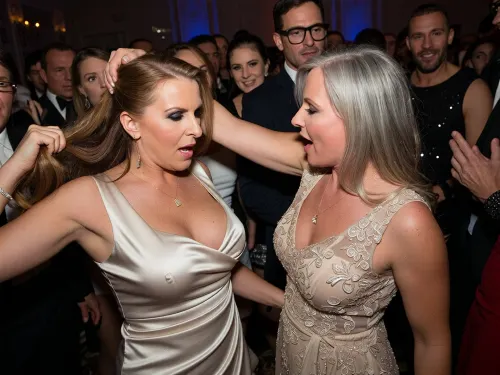 two elegant middle aged women with different looks, very fancy party with many party goers, both ladies are dressed in fine silk and satin sleeveless dresses, with deep cleavage, both are curvaceous, the woman are fighting by pulling each other's hair, the crowd around them is highly amused