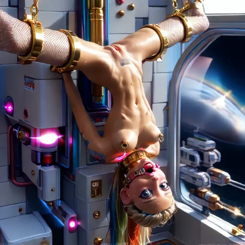 (spacecraft white very large control room:1.4), ((closeup narrow very beautiful innocent looking face view:1.8)), (young low skinny girl with fake implanted spherical breasts:1.6), ((build-in restrained high large gold pouf presentation sci-fi device:1.8)), (restrained upside down build-in huge white machine:1.5), (arms build-in behind:1.4), (very shapely legs very spread apart build-in up:1.7), (perfect:1.5), (very beautiful petite totally restrained girl:1.5), (Ukrainian model young cutie:1.4), (sweaty:1.1), ((slender fit skinny body:1.7)), ((small thin waist:1.7)), ((very large distance between legs:1.7)), (very wide very low pelvic:1.4), (wide shoulders:1.7), (nipple ring piercings:1.3), ((very beautiful light blue-grey eyes:1.7)), (perfect glowing light pink thin lips:1.5), (light glowing white electronic wide mouth spreader ring gag:1.7), (very wide long wide smooth light tongue out up:1.5), (open very wide pussy:1.5), (wide open mouth:1.7), (light blonde with rainbow smooth silky straight hair ponytail:1.5), ((very large distance between rounded spherical breasts:1.7)), (tan fair skin:1.5), (thin beautiful eyebrows), (very gorgeous:1.5), (sexy:1.4), (satisfied:1.6), (glowing pink massive very oversized electronic collar device:1.7), (tattooed body:1.4), (glowing tattoos:1.3), (seductive sexy makeup:1.5), (very long eyelashes:1.5), lipstick, (stunning:1.3), (dimples:1.4), (white sneakers:1.3), (glowing pink fishnet stockings:1.5), (barcode on boob:1.4), (many children's toys:1.5), (masterpiece), <lora:Microwaist_XL_v01:1.5>, <lora:sexmachine_XL_0_:.5>
