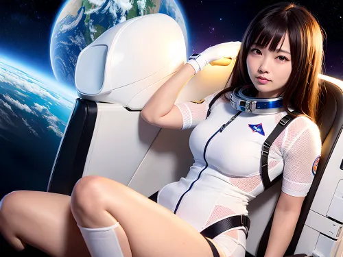 18岁的女宇航员 长发和可爱的脸 穿着宇航员的西装坐在窗外看她的胸部