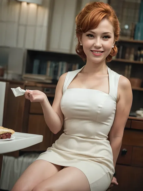 Die Moskauer Hausfrau der 1980er Jahre in einem Pinup-Stil Kleid wurde von einer AI-generierten 8k Frau gefangen und in hoher Definition angezeigt