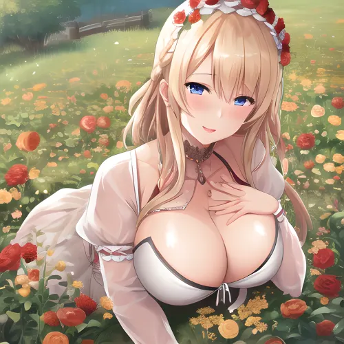 blonde bavarian farm girl, bride lightly dressed, lies in the straw, bavarian wedding dress, sweaty skin, toned, full-length photo, floral wreath headdress, red lipstick, 70mm lens, complex braided hair, hourglass figure, aesthetic, symmetrical, posing, (areolas:1.2), athletic, sharp, textured skin, perfect body, long hair, angular face, goosebumps, 1girl, realistic, B cup breasts, detailed, slim, waist, (perfect fingers:1.2), large eyes, amused, perfect pussy, shaved pussy, photographed by a Nikon Z7 II Camera