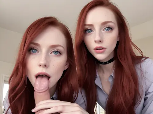 Uma mulher em seus 30 anos, com cabelos vermelhos longos e uma face simétrica, é vista sentada em uma cama com suas pernas espalhadas largamente aberto. Ela está usando um colar de gargantilha cinza e tem olhos intensos que estão olhando para o espectador de baixo